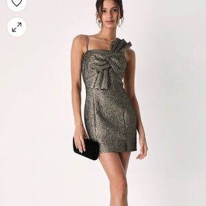 Lulu’s Glamorous Twist Gold Metallic Jacquard Twist-Front Mini Dress